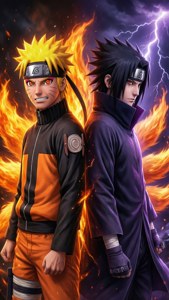 Naruto en Sasuke wat rug-aan-rug staan met kragte. — iPhone 7 Muurpapier