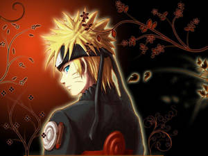 Naruto Uzumaki wat sy Konoha-uniform dra met 'n rooi en swart agtergrond met wingerde en blomme.