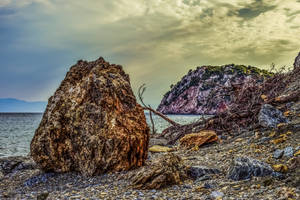Donker Rotsagtige Strand agtergrond