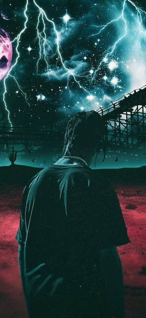 Astroworld-behangpapier met estetiese beeld van Travis Scott en weerlig-agtergrond.