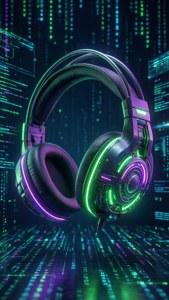 'n Toekomsgerigte gaming-headset met neonligte en matriksagtergrond. — Speletjie GIF Muurpapier