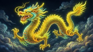 'n Tradisionele Chinese draak met neon geel aksente in wolke, gelukkige muurpapier.