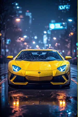 Lamborghini,neon geel,stadligte,nag,toekomsgerig,stedelik,nat strate,weerkaatsings,gloeiend,4K,portret agtergrond,