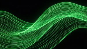 Gladde neon groen golwende lyne op swart agtergrond.