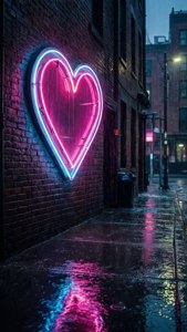 Neon hartteken teen 'n reënerige stadssteegmuur. — Liefde estetiese GIF Muurpapier