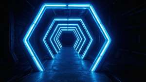 'n Perspektiefaansig van 'n blou neon heksagoon-tonnel, futuristies en gloeiend. — Neon blou estetika Muurpapier