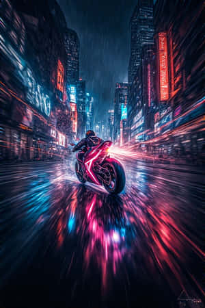 neon-motorfiets, stadsjaagtog, donker stad, ligspore, nag, lewendig, cyberpunk, filmies, 4K, portret-agtergrond — 4K Muurpapier