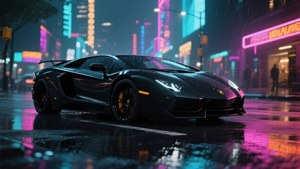 Swart Lamborghini Aventador in neonverligte stadnag