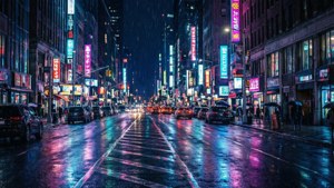 Cyberpunk-stadstraat in die nag met neonligte en nat weerkaatsings. — iPad Muurpapier