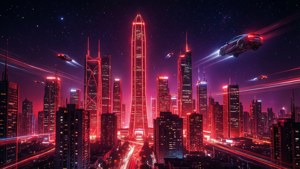 Toekomstige neon rooi stadshorison snags met cyberpunk-estetika. — Neon rooi Muurpapier