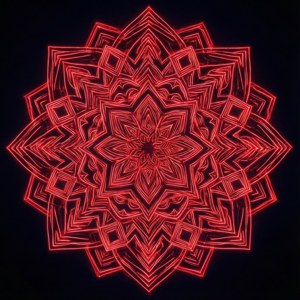 Ingewikkelde neonrooi geometriese mandala op swart, psigedelies en meditatief van ontwerp.