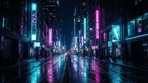 Lewendige neon stadsbeeld met diep swart vir OLED-skerms.