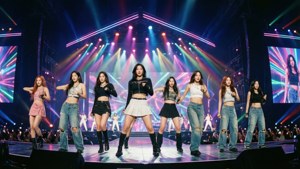 TWICE tree op op 'n lewendige verhoog met neonligte. — Twee keer Muurpapier