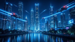 Toekomstige stadsbeeld oorheers deur neonblou ligte — Neon blou Muurpapier