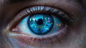 Nabyfoto van 'n oog met neonblou gloed, cyberpunk-styl — Neon blou Muurpapier