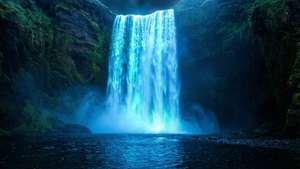 'n Fantasiewaterval wat met neonblou lig gloei — Neon blou estetika Muurpapier
