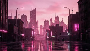 'n Ligpienk estetiese stadsbeeld met neonweerkaatsings. — Skemer Muurpapier