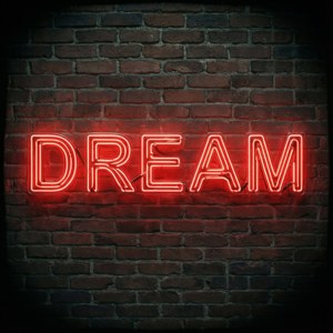Inspirerende neonrooi DROOM-teken op baksteenmuur. — Neon rooi Muurpapier