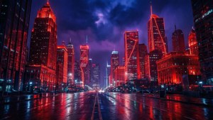 'n Filmiese neonrooi stadsilhoelet snags met nat strate en 'n cyberpunk-atmosfeer. — Neon rooi Muurpapier
