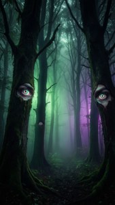 Glowende oë loer uit 'n donker, mistige bos. — Trippie donker estetiese GIF Muurpapier