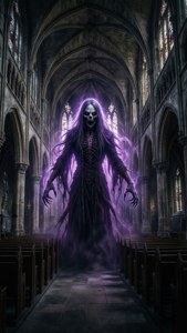 Omen verskyn uit die duisternis in 'n spookagtige katedraal vir hierdie Valorant-agtergrond. — iPhone 7 Muurpapier