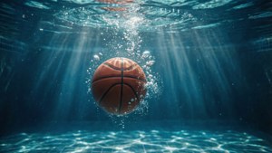 Surrealistiese onderwatertoneel van 'n basketbal wat in 'n swembad sink met ligstrale. — Basketbal GIF Muurpapier
