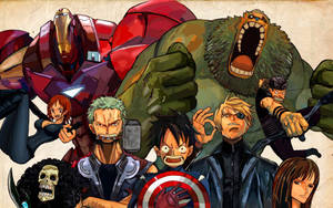 One Piece seerowerbemanning oorkruising Marvel superhelde agtergrond.