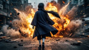 Itachi loop rustig weg van 'n reuse-ontploffing