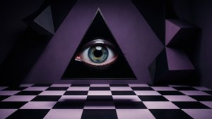 'n Donker abstrakte ontwerp met 'n oog in 'n driehoek en geometriese elemente. — Trippie donker estetiese GIF Muurpapier