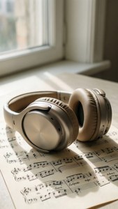 Minimalistiese toneel van oorfone op bladmusiek in sagte sonlig. — Musiek estetika Muurpapier