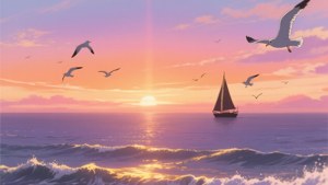 'n Pragtige anime-sonsondergang oor die see met warm kleure en 'n nostalgiese gevoel. — Anime landskap GIF Muurpapier