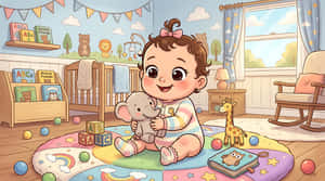 baba,kwekery,strokiesprent,illustrasie,kind,kamer,interieur,oulik,speelgoed,suigeling,peuter,speelkamer,pastel,karakter,opgestopte dier,olifant,wiegie,blokkies,ontwerp,agtergrond