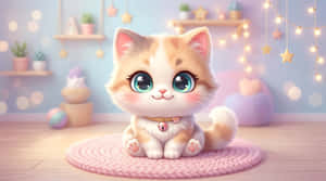 katjie,kat,chibi,kawaii,oulik,illustrasie,tekenprent,pastel,troeteldier,dier,groot oë,adorable,feetjieliggies,gesellig,kamer,interieur,digitale kuns,3d-rendering,soet,pluis