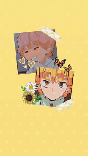 Oulike Demon Slayer-karakter Zenitsu Geel Estetiese Collage — Rui Demon Slayer Muurpapier