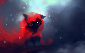 Oulike Donkerrooi Pastel Kat — Rooi Anime Muurpapier