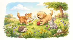 hondjie,katjie,konyn,krimpvarkie,diere,veld,blomme,lente,somer,natuur,buitelewe,waterverf,illustrasie,oulik,kawaii,kinders,kinderkamer,sprokie,storieboek,soet