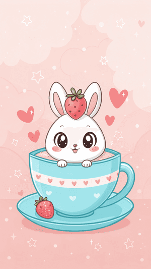 OulikeHasie,Teekoppie,Aarbei,Kawaii,Skoon,Pienk,Strokiesprent,Hartjies,Soet,Grillerig