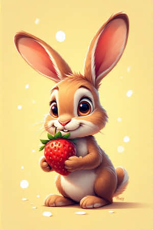 oulike konyn,strokieskonyn,aarbeie,pastelgeel,kolletjies,kawaii,adorable,digitale kuns,4K — 4K Muurpapier