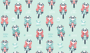 Panda op motorfiets patroon muntgroen lessenaaragtergrond.