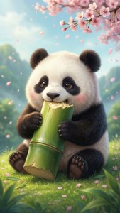 Oulike kawaii-panda wat in die lente van bamboes geniet. — Kawaii Muurpapier