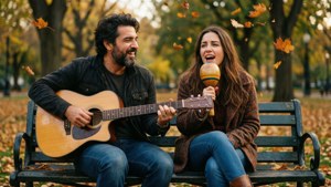 Vivo en Andrés maak musiek op 'n parkbank in die herfs.