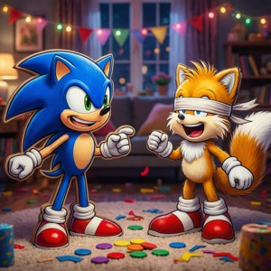 Sonic en Tails speel ’n partytjiespeletjie met ’n pinata-agtige Eggman-uithaal, laggend. — Pixel Watch 3 Muurpapier