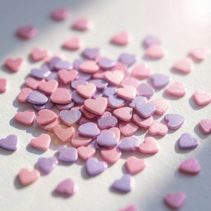 Pastel pienk en laventel hartvormige sequins op wit, sag en romanties. — Huawei nova Flip Muurpapier