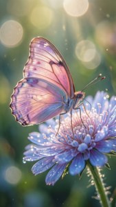 'n Delikate pastelroos en laventelvlinder op 'n blou blom met bokeh. — Pastel Muurpapier