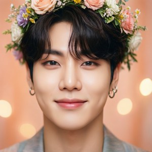 Jimin met 'n blomkroon en pastelperske-agtergrond — Pixel Watch 3 Muurpapier