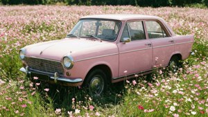 'n Vintage ligpienk motor in 'n blomveld wat retro en natuur meng. — Ligpienk estetika Muurpapier
