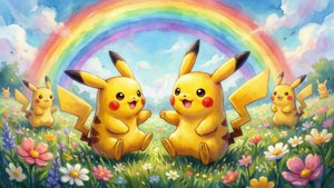 Oulike waterverf van Pikachu wat in 'n blomveld met 'n reënboog speel. — Nintendo Muurpapier