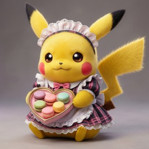 Pikachu in 'n meid-uitrusting wat macarons bedien, 'n oulike en kawaii-agtergrond.