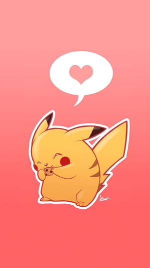 Agtergrond van Pikachu met hart binne 'n spraakborrel teen 'n pienk agtergrond.