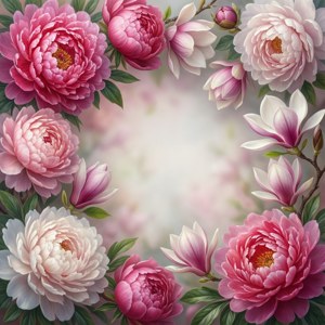 Hoekblomrand met pioene en magnolia's in pienk-tot-wit gradiënt, elegant. — Tecno Phantom V Flip2 Muurpapier